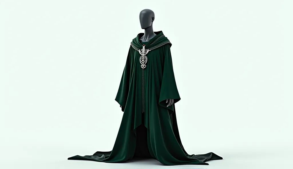 a mannequin dressed in a harry potter costume, hurufiyya, green and black colors, kit, high details!, black, formal, item, serpent in silver logo, set against a white background, high school, fuss rei, best-selling, couple, trending, high quality details, ...