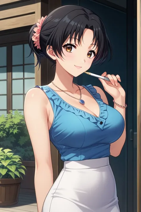  score_9,  score_8_up,  score_7_up,  source_anime, rating_safe, complicated details, anime screencap, official style, 1 girl, Miyazato ,   black hair, brown eyes, Hair over shoulders,  Floral Scrunchies, necklaces, clavicle, big breasts,  blue top , sleeve...