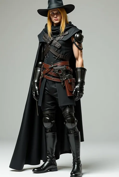 20 year old man of European appearance, long blond hair to the clavicles, pale face, skinny,  but muscular build , height 172 cm, long-brimmed hat, black cloak,  high boots, left-arm metal prosthesis, on the waist there is a sheath with a rapier and a hols...