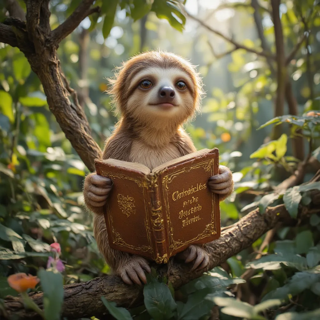 Create a charming and whimsical illustration of a sloth sitting on a tree branch, holding an ancient leather-bound book. The sloth has a curious and intelligent expression, as if it’s about to tell a story. In the background, a lush tropical forest setting...