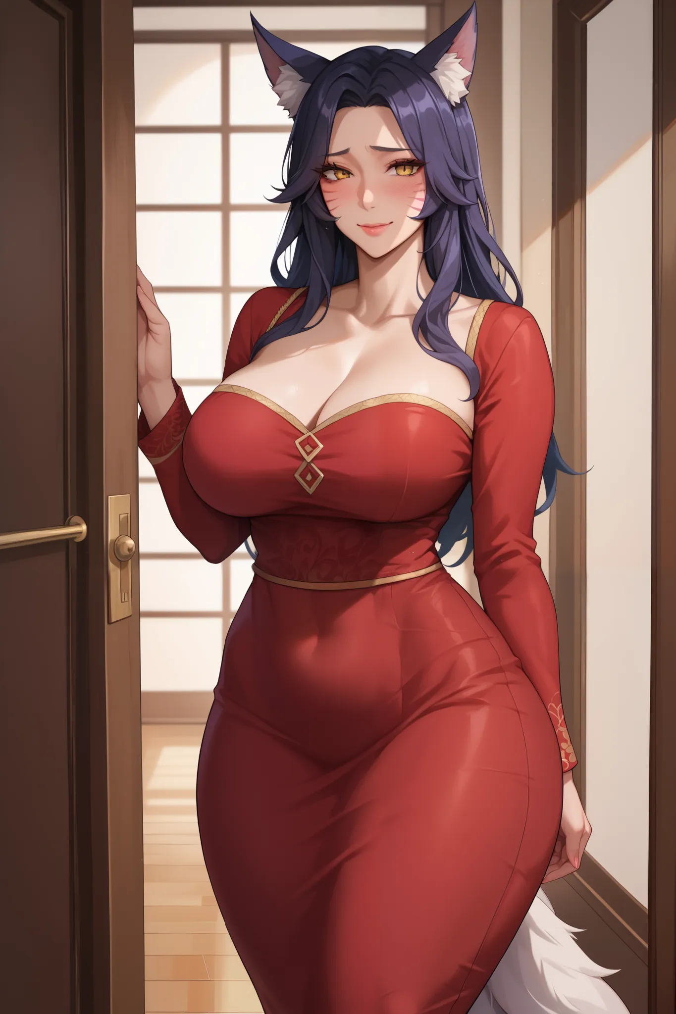 Score_9, Score_8_up, Score_7_up, Score_6_up, Score_5_up, Score_4_up, Tag1, Tag2, Quality_masterpiece, nsfw, wear only sexy red dress, casual dress, Ahri alike, Anatomically correct, Beautiful face, Perfect face, standing in hallway door entrance, opened do...