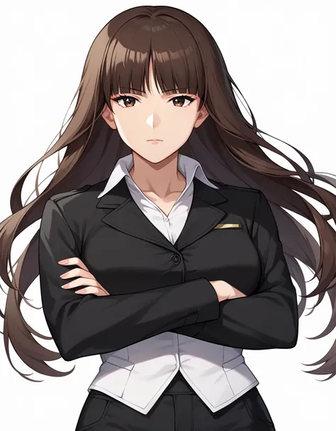 score_9, score_8_up, score_7_up, source_anime, rating_safe, simple white background,BREAK nishizumi shiho, 1girl, mature female, blunt bangs, long hair, brown hair, straight hair, brown eyes, black jacket, long sleeves, wing collar, pant suit, black pants,...