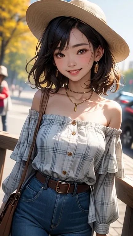 8k, masterpiece, highest quality, Asian woman, shoulder-length wavy hair, bright smile, off-shoulder plaid shirt, strawhat, blue jeans, brown belt, outdoor setting, wooden structure, bokeh background, natural lighting, portrait photography, warm tones, can...