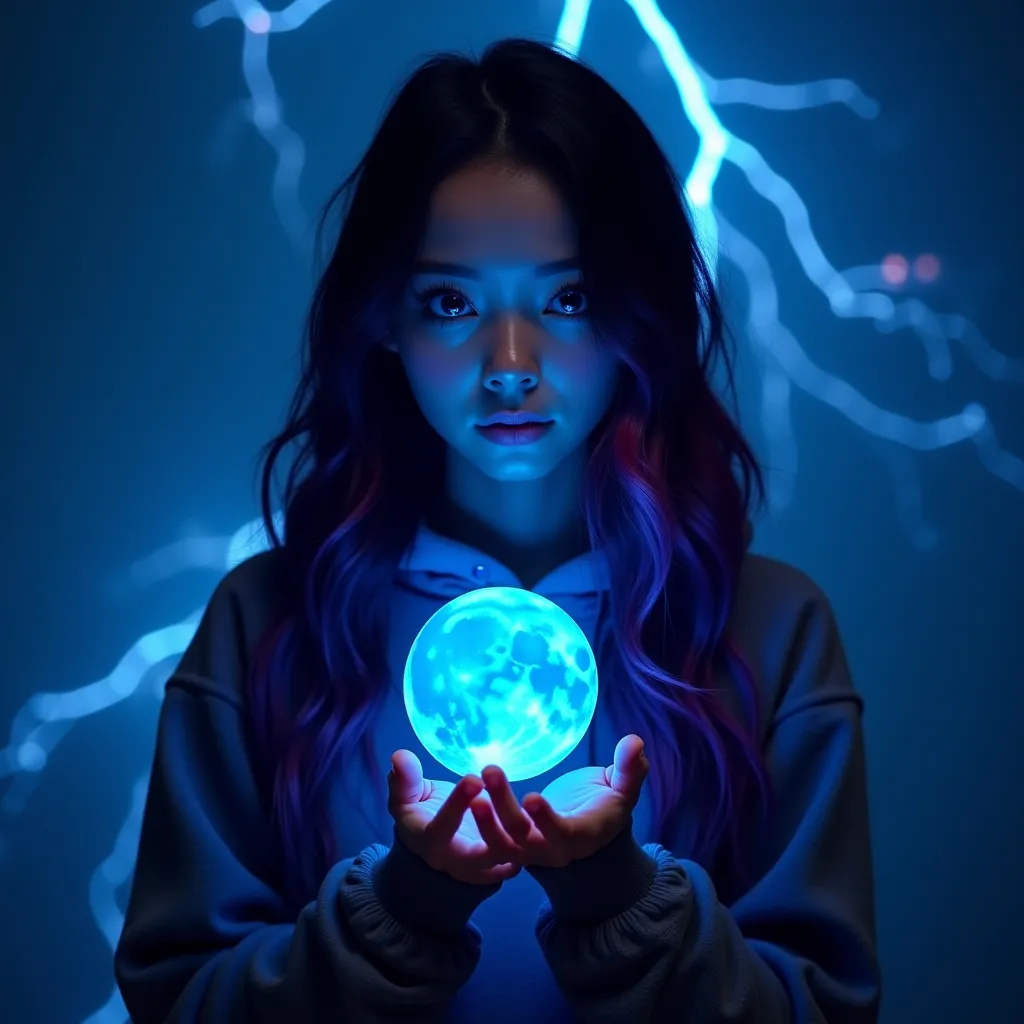 Full length wide shot aerial point of view blue and black lightning background is a young adult, natural light skin, glowing highlights on her face, long wavy black hair and purple hair highlights, electric blue eyes, cat eyeliner, hybrid she is wearing a ...