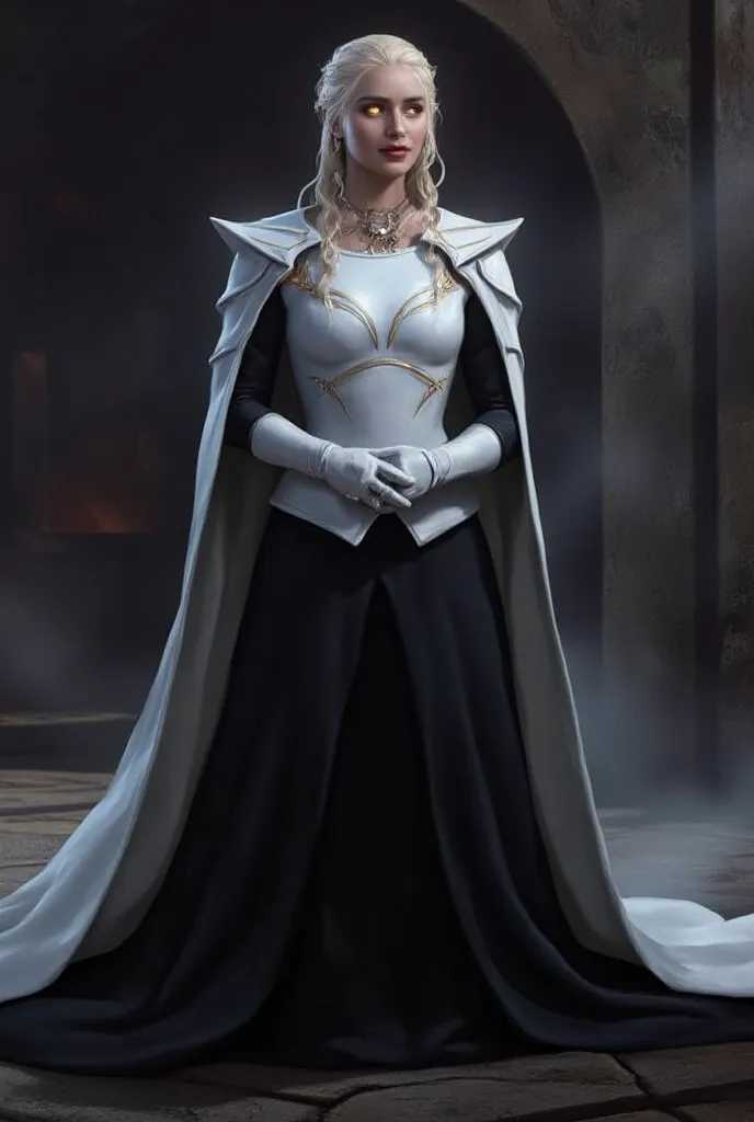 Daenerys Targaryen,yellow sith eyes, black sith robe tunic, white armor chestplate and shoulder pads with gold lined details, white cape,laughs softly,hands behind his back 