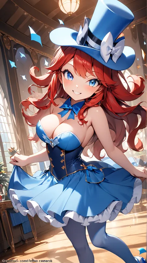 Sally acorn, light blue bodice, light blue shoes, light blue cylinder hat, magician, indoor, blue eyes, smiling, red hair, masterpiece, high quality, tall, large breasts, blue eyelids, beautiful, long hair, dynamic pose, dynamic camera 