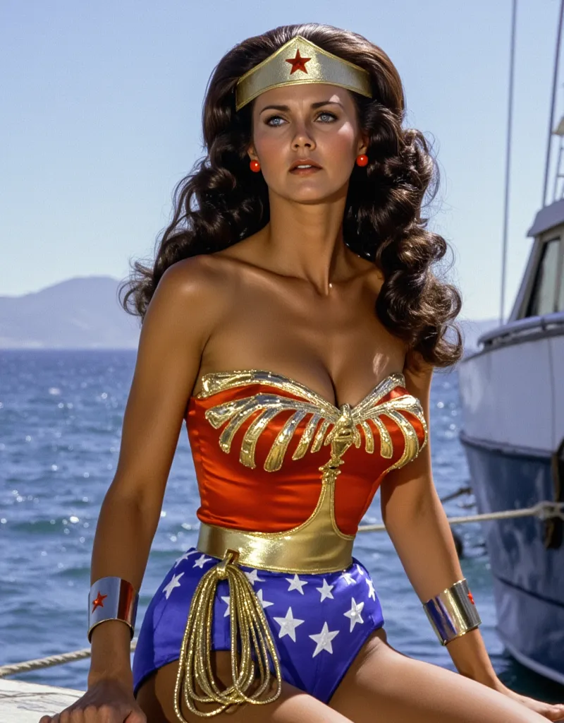 watches are on hand looking at the camera! Linda Carter as Wonder Woman,  with long wavy dark hair, in a classic suit: Golden hoop,  red corset with gold stars , blue shorts with white stars and red knee-length boots. The lasso of truth ,  golden and glowi...