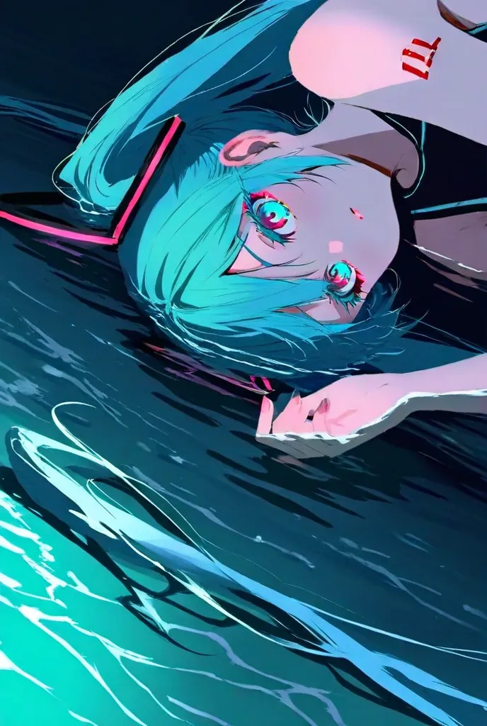 hatsune miku, 1girl, artist:[lack|fuzichoco|lam \(ramdayo\)|kinta \(distortion\)|wlop|quasarcake|nixeu|happoubi jin|miyajima reiji|demizu posuka], solo, looking at viewer, colored eyelashes, long eyelashes, makeup, aqua eyes, red eyes, multicolored eyes, m...