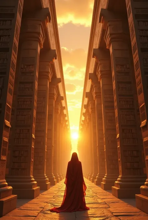 A huge library in Alexandria in ancient Egypt
Style: Realistic, historical, fantasy, dramatic
Location: Ancient Egypt 
Details:clothing,background
Lighting: Golden tones, sunset, dim lighting, dramatic shadows
Color Palette: Warm, cold, pastel, rich tones