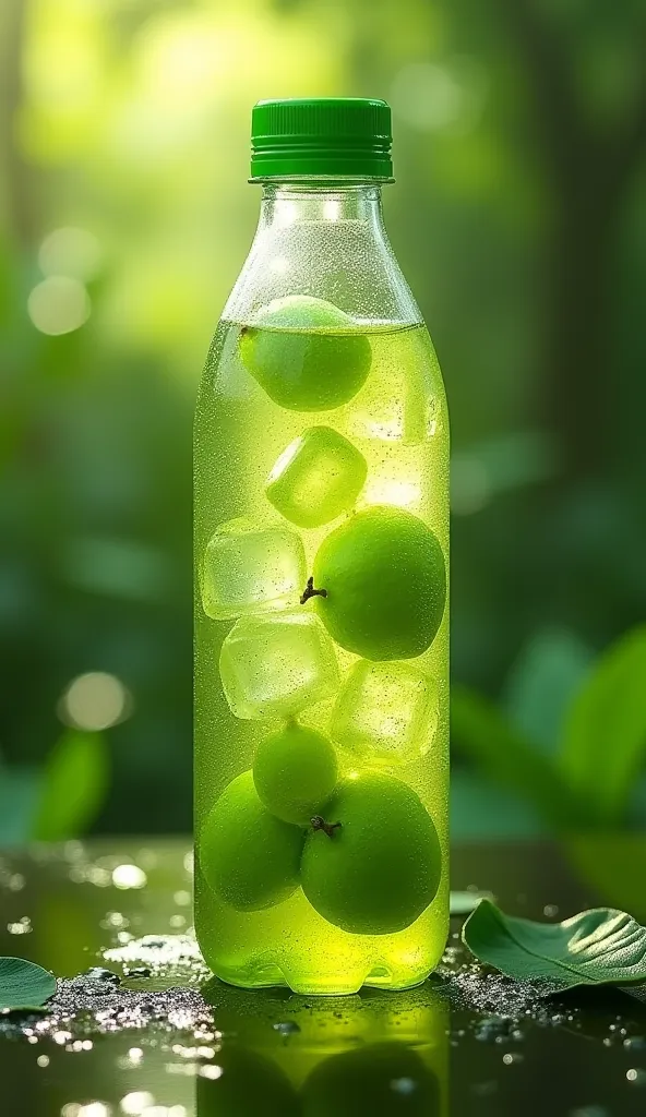 300 ml green drink plastic pet bottle. inside the water with ice cubes and green guava. green background. 
