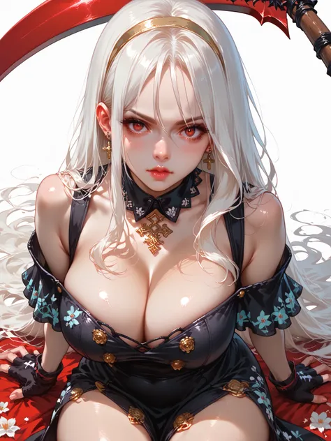 score_9_up, score_8_up, score_7_up, A detailed illustration in anime style. A young woman with long flowing white hair. An intense and seductive expression with detailed nose with high nose bridge and smooth flawless skin, piercing red eyes, and a hint of ...