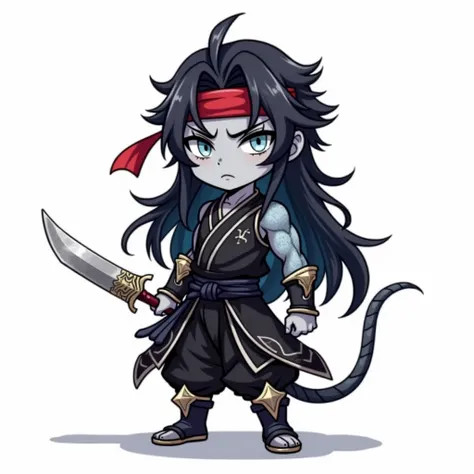 A chibi-advanced-style dark fantasy character, anime stylized , the character has gray skin, long black hair, and silver blue scales scattered across his body, wearing a red headband. His eyes are bright silver with slit snake-like pupils. He is dressed in...