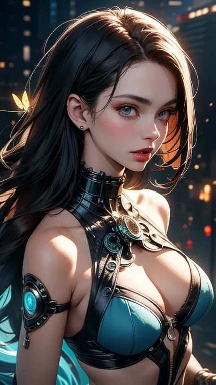 8k, masterpiece, highest quality, A breathtaking image of a stunning cyberpunk-inspired cyborg with a translucent glowing glass body, showing the intricate clockwork mechanisms parts inside her body and intertwined blue butterflies. The female cyborg's aqu...