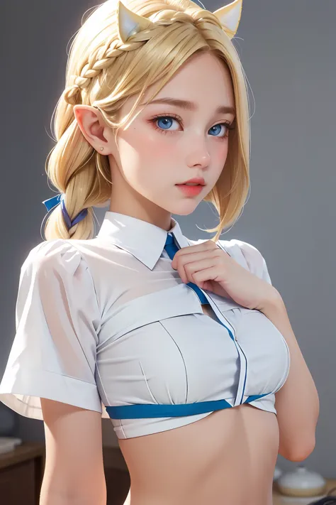 1girl, blonde hair, pointy ears, blue eyes, clothes lift, solo, hair ornament, hairclip, long hair, shirt lift, braid, looking at viewer, lips, lifted by self, horse, upper body, navel, day,white shirt,