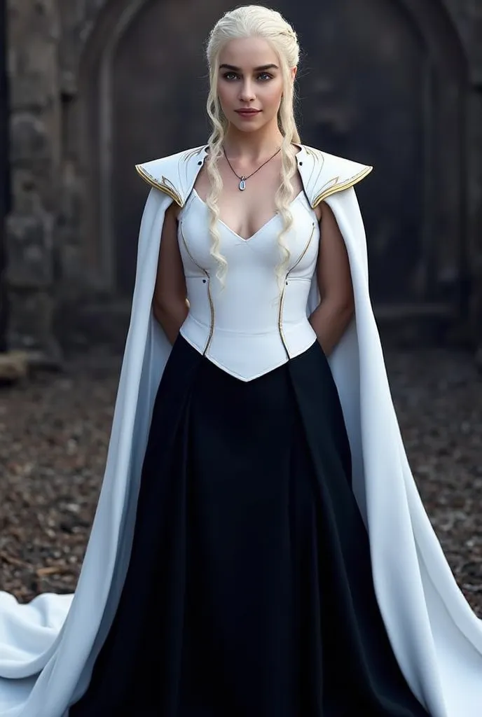 Daenerys Targaryen,yellow sith eyes, black sith robe tunic, white armor chestplate and shoulder pads with gold lined details, white cape,laughs softly,hands behind his back 