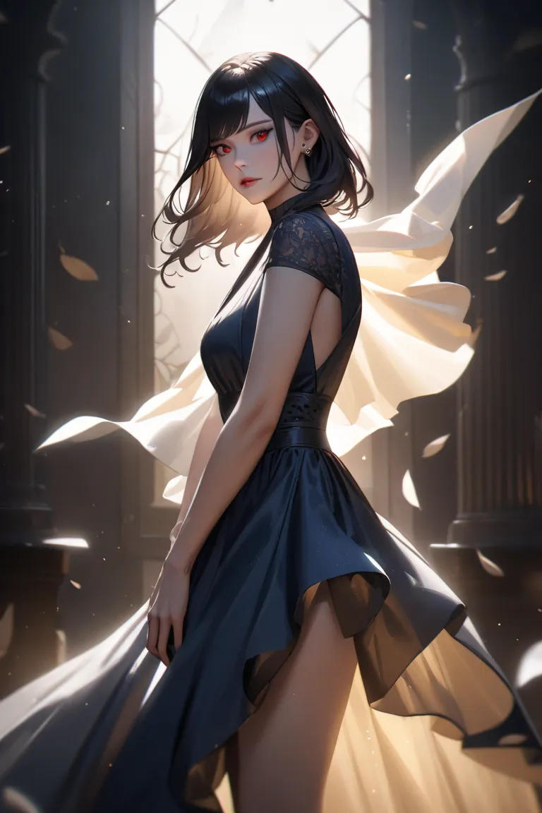  long black hair , red-eyed, a dress with a white dress stripe blue, Miniskirt under, 