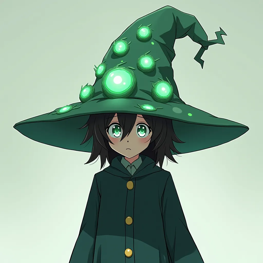 Make me an anime version of an old roblox character with an overwizard hat but without a face make it simple to put it in an extra accessory The overwizard hat will have 7 eyes not on the face send it as an anime drawing The hat will be green character col...