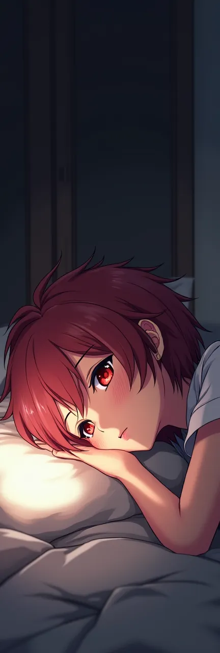 Red eyes, Sharingan, dynamic short hair, baby girl, anime, sleeping on a small bed 