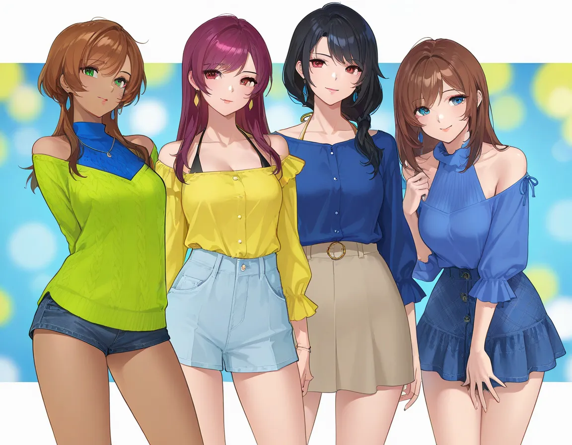 (3 adult girls), anime characters, outfit designs, upper body character design, outfit design, fashion concept art, cowboy shot, knit, shirt, shorts, sexy, skirt, blouse, halterneck,
