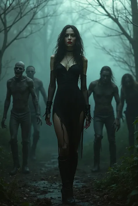 hexe taylor marie hill, wears sexy black dress, makeup, eyeliner, eyeshadow, red lips, sexy, surrounded by zombies, friedhof, at night, detailed facial features,  threatening posture, photorealistic, High resolution, ultra-detailed, dramatic lighting, fog,...