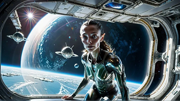 Wide angle view , Female alien , The body and face are translucent, shiny, pearly tinged.,, . The background is a space station.,  morning atmosphere  , natural light, shining ,  Fantasy , art station ,Unimaginable visuals, Sci-fi ,hyper realistic ,Wide an...