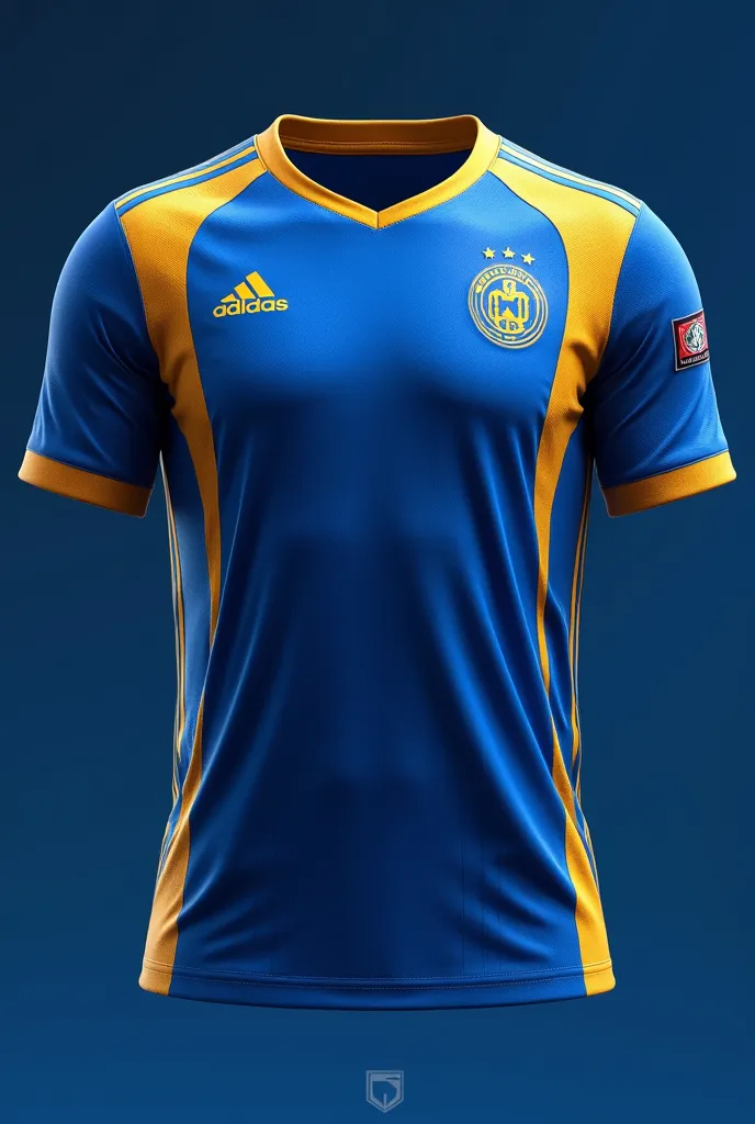 Create a soccer jersey, with the colors blue and gold . 