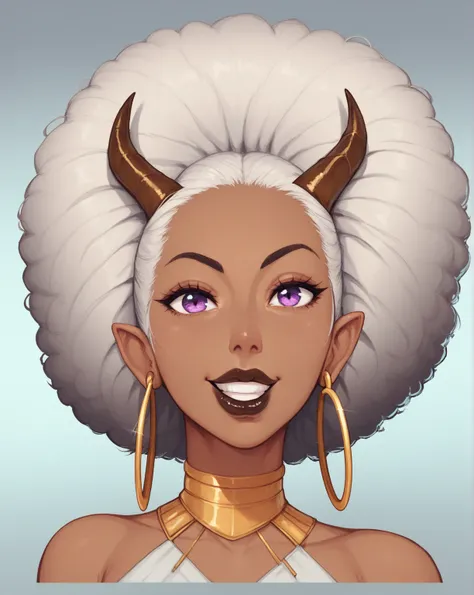 1girl, solo, portrait, afro-latina woman, thick lips, dark brown lipstick, female teifling ,large side afro-puffs hairstyle, silver hair, violet eyes, gold hoop earrings, large dragon horns from forehead, reptilian scales on face, small grin, playful expre...