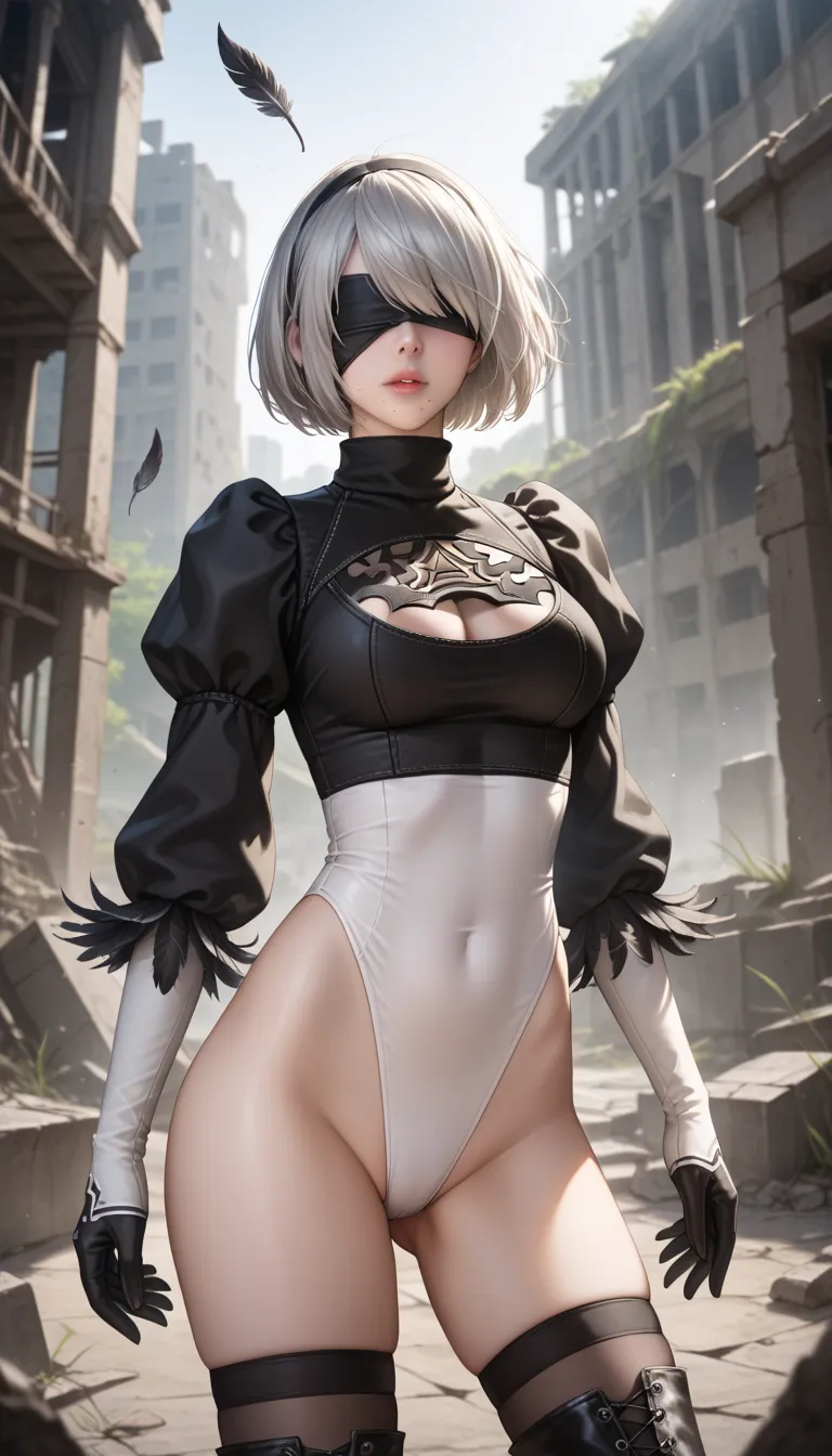  score_9,  score_8_up,  score_7_up, 32K,masterpiece, Highest quality, 
Photorealistic, bright colors,  chiaroscuro lighting , Cinematic Lighting,
 1 female,  inspired by NieR:Automata 2B,
bob cut, gray hair, bangs ,mole under mouth,  blindfold, pink lips, ...