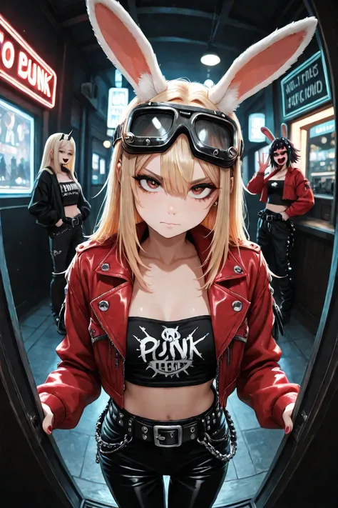 (masterpiece:1.2, good anatomy), 1 girls on the left, Alone, viewers, (1 girls on the left\white Rabbit ear\ fluffy & long blonde hair:1.3\punk style\ Head Goggles \red jacket\black tube top\big belt and tucks\black pants, 悪の笑顔:1.1\ grins:1.4\closed her mo...