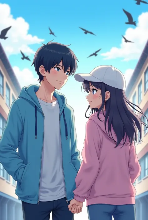 A men in light sky blue colour jacket and a white t-shirt in side and a woman in white pink colour hoodie look’s cutely towards men’s right hand men right hand down side to his hand a red colour thread and the image should be nature like birds animals stre...