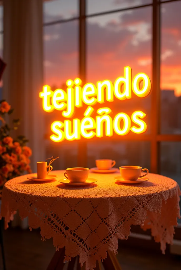 Create an image with phosphorescent yellow 3d text "Weaving Dreams"  in Spanish, with a sunset in the background on a table with a crochet tablecloth