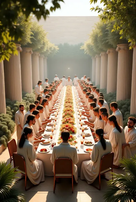 Imagine a crowd of people having dinner together, all wearing white clothes, In season 200 D.c