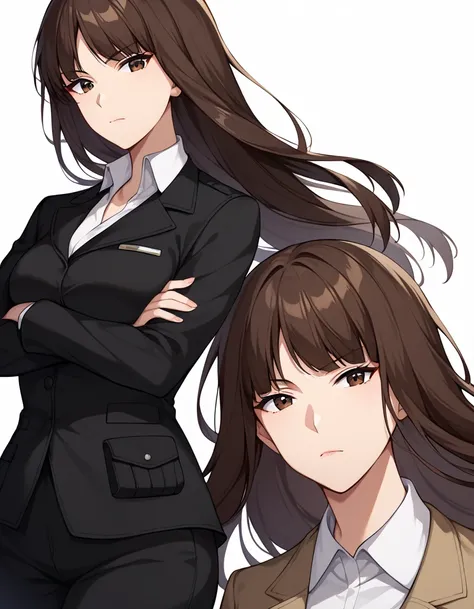 score_9, score_8_up, score_7_up, source_anime, rating_safe, simple white background,BREAK nishizumi shiho, 1girl, mature female, blunt bangs, long hair, brown hair, straight hair, brown eyes, black jacket, long sleeves, wing collar, pant suit, black pants,...