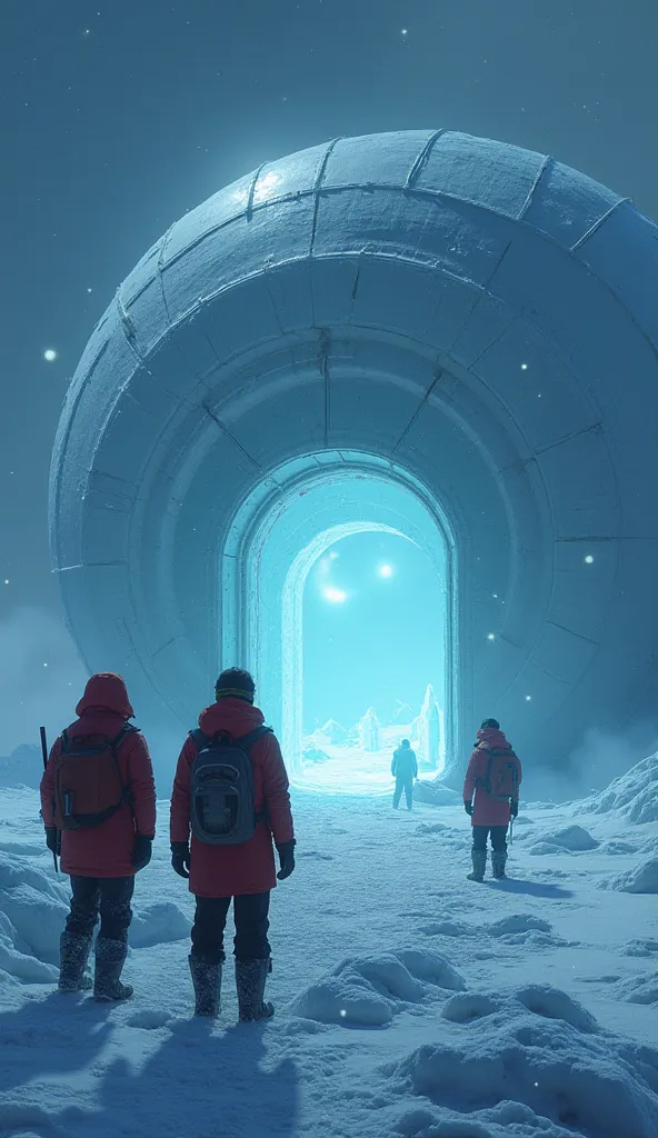 After hours of walking, they find the huge flying saucer they had seen in the sky, landed on a crystalline ice surface. Its structure is polished, without a single scratch, and emits a faint blue glow. The gate is open. The three explorers, with red jacket...