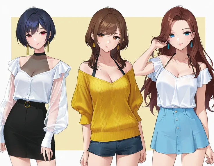 (3 adult girls), anime characters, outfit designs, upper body character design, outfit design, fashion concept art, cowboy shot, knit, shirt, shorts, sexy, skirt, blouse, halterneck, cleavage, see-through,
