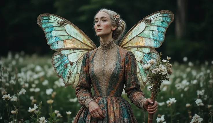 A frail yet regal old woman with delicate, translucent butterfly wings made of stained glass, each pane reflecting a different iridescent color as they catch the light. Her deeply wrinkled skin glows faintly, as if woven with strands of silver moonlight. H...