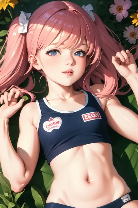 ( best quality, masterpiece:1.2),  ultra detailed , (,  cute), twin tails,  pink hair, Cheerleaderin,  Crop Top,  sleeveless shirt ,  belly button,  underwear, Not suitable for work