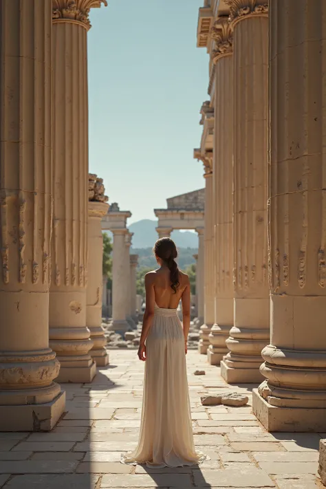 ((highest quality)), ((masterpiece)), ( Detailed), ancient architecture, Athenian Acropolis, a beautiful woman posing holding on to one of the columns