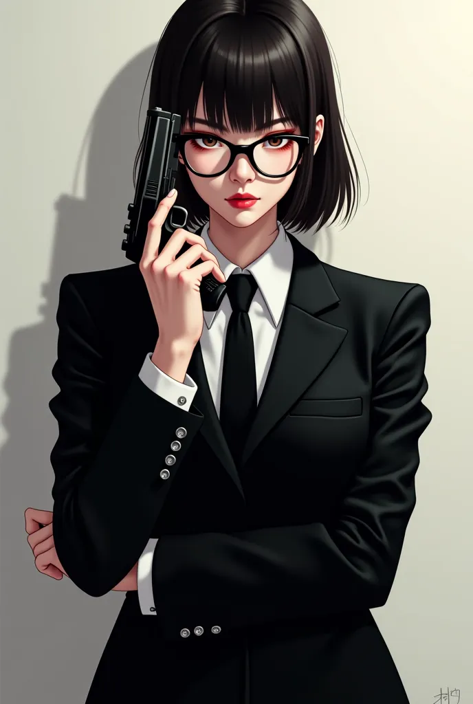 PSYCHO-PASS,there is a woman in a suit and glasses posing with a gun, a portrait by Jason Chan, trending on Artstation, shin hanga, wearing a strict business suit, in strict suit, elegant posed, in a business suit, wearing tight suit, in a strict suit, law...