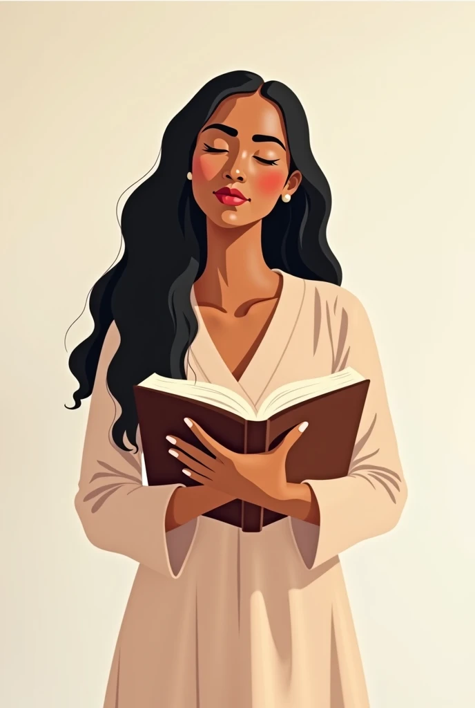 A woman standing, holding an open Bible, with a clean and minimalistic style. She has Indigenous skin and long, flowing hair. She is positioned at a distance, so her face is not visible, focusing on her serene posture and the presence of the Bible in her h...