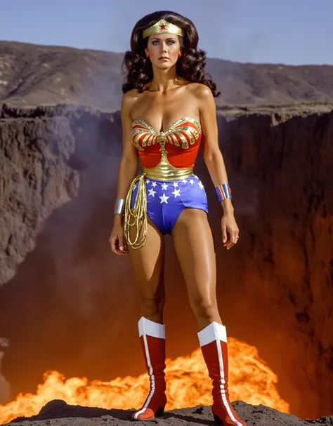 Linda Carter as Wonder Woman,  with long wavy dark hair, in a classic suit: Golden hoop,  red corset with gold stars , , blue shorts with white stars and red knee-length boots. The lasso of truth ,  golden and glowing ,  hangs on his belt .  Her face is an...