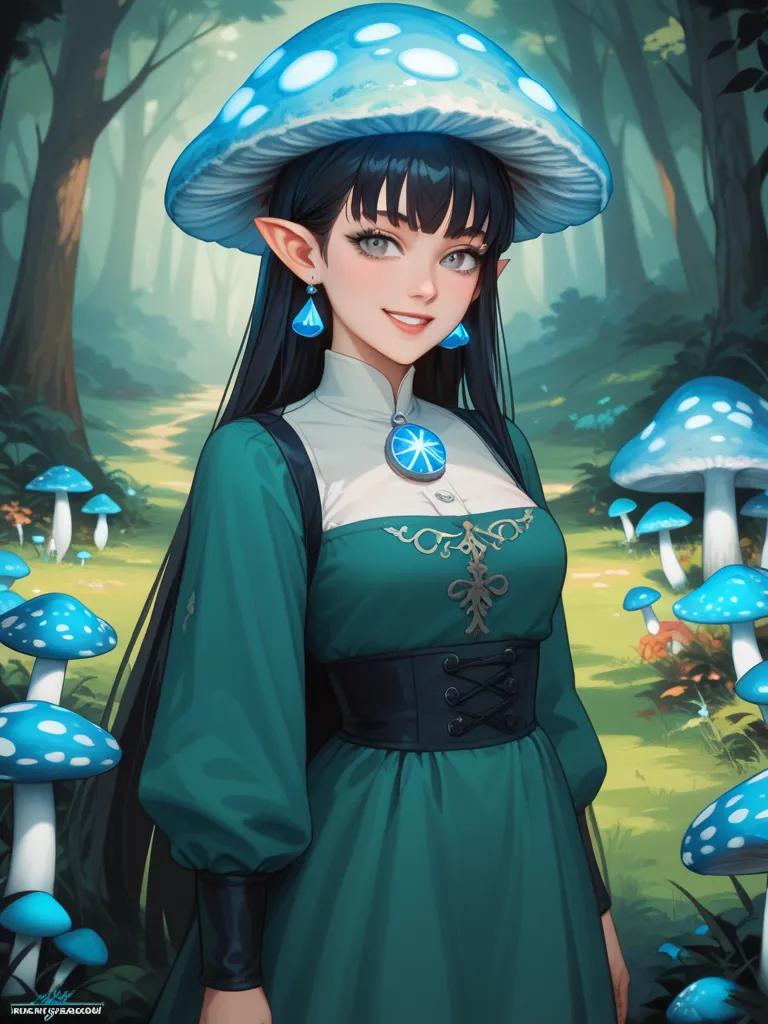 Small anime girl unger a huge glowing mushroom in the woods surrounded by small mushrooms , and a small mushrooms house, she have on a green dress, she have black hair and gray eyes, it have white small mushrooms and blue glowing mushrooms Award Winning, A...