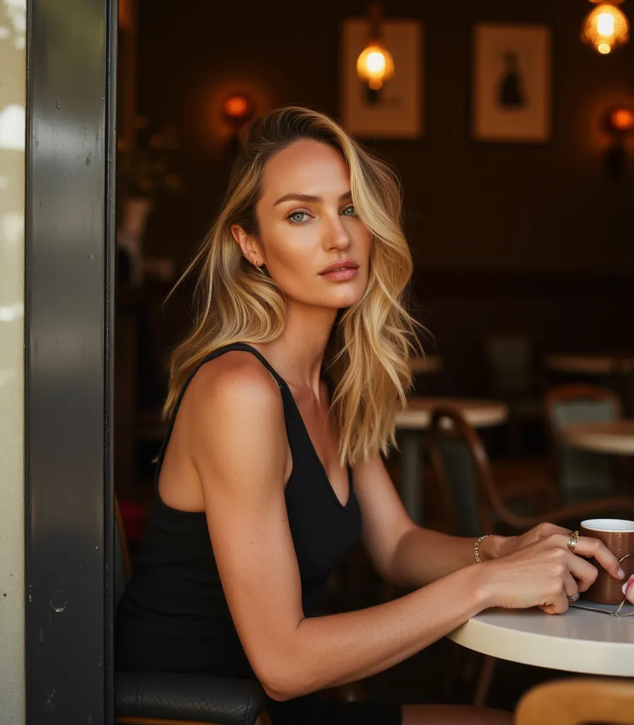 This is a beautiful photo of a woman, standing in a cafe  ,  a barely noticeable smile . Looking at the viewer.  blond hair,  falling on her shoulders , and a tight dress .