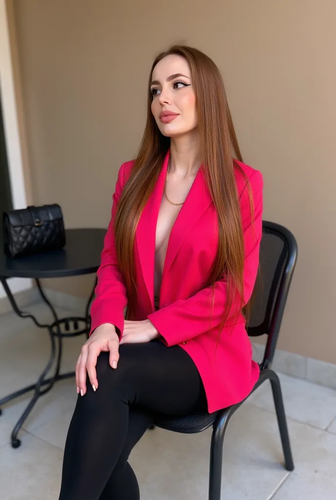 Young woman, long thick fiery red hair, 25 years old, European appearance. Posing confidently. The woman's facial expression is captivating, seductive, with a subtle smile and a slightly thoughtful look, exuding confidence and charm. Exquisite make-up, plu...