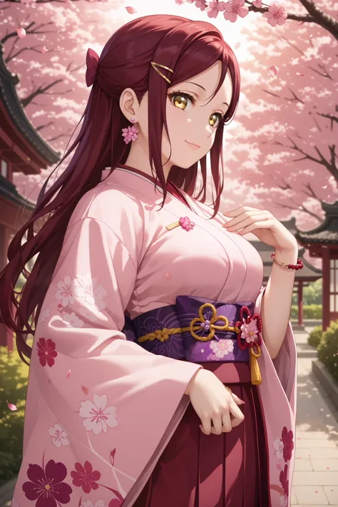 score_9, score_8_up, score_7_up, source_anime, riko sakurauchi, long hair, hair ornament, yellow eyes, red hair, hairclip, long hair, straight hair, hair bow, Small petal earrings, Hakama, Taisho Fashion, Sheer Pink Kimono, Floral, Station Bracelet, Purple...