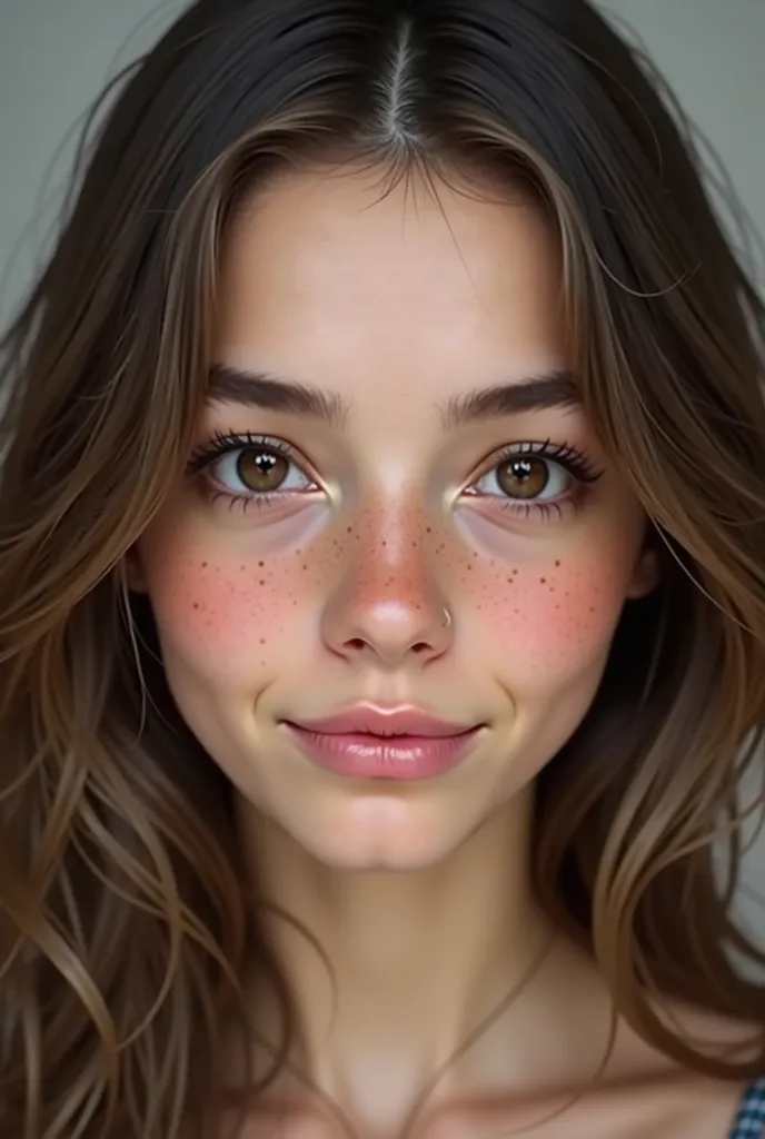 generate a realistic image of Face of a 19-year-old girl, dark brown black eyes, elongated eye shape, small eyes, thin lips, but not too thin, a higher and thinner nose, but almost freckles on cheeks, thick gray eyebrows, but well-shaped, a face round and ...