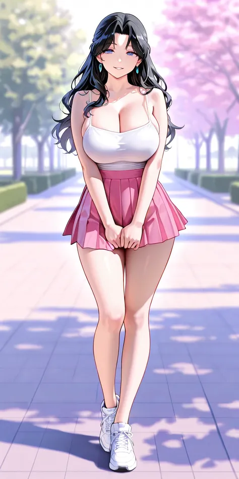 Masterpiece, newest, vibrant, very aesthetic, high contrast, mature woman, michiru kaioh\(sailor neptune\), white color spaghetti strap top, pink color pleated mini skirt, white sneakers, big breast, full body, parted lips, smile, park, best quality, semre...