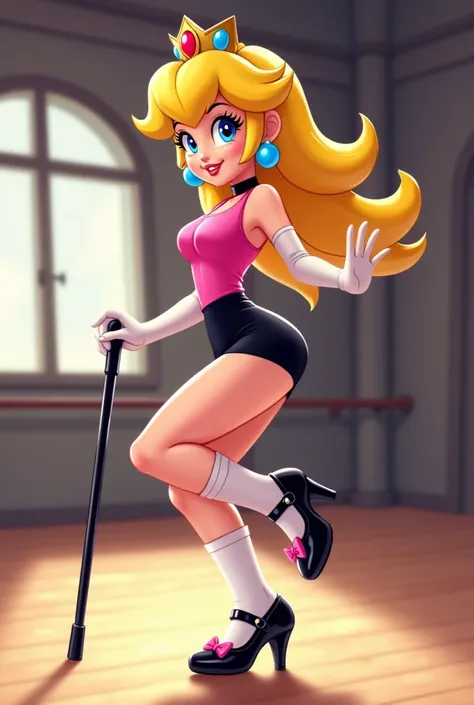 Cartoon style Princess peach in a pink tangtop, black leotard bottoms, white socks, and shiny sharp black mary jane tap shoes practicing tap dancing in a studio, black cane to tap dance with, pink bows in the front of her tap shoes, gorgeous makeup, cartoo...