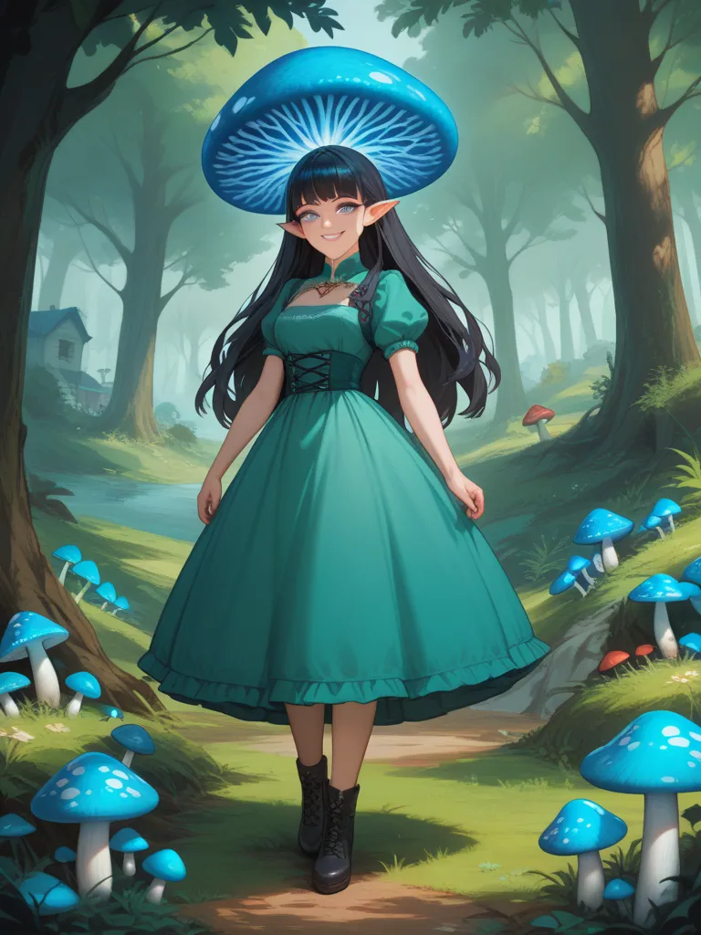 Small anime girl standing  unger a huge glowing mushroom, in the woods surrounded by small mushrooms , and a small mushrooms house, she have on a green dress, she have black hair and gray eyes, it have white small mushrooms and blue glowing mushrooms Award...