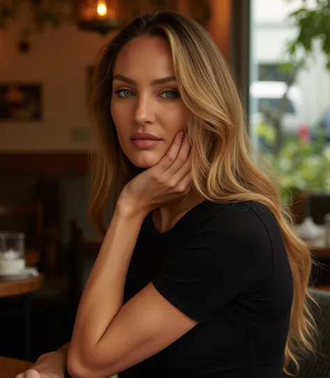 This is a beautiful photo of a woman, standing in a cafe  ,  a barely noticeable smile . Looking at the viewer.  blond hair,  falling on her shoulders , and a tight dress .